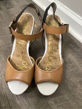 Sam Edelman Tan, White and Black Ankle-Strap Block Heel Sandals